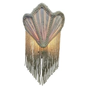 Vtg Tiffany Style Beaded Fringe Shell Night Light Champagne Silver Art Deco Glam